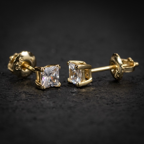 Mini Gold Square Princess Cut Stud Earrings - Picture 2 of 5